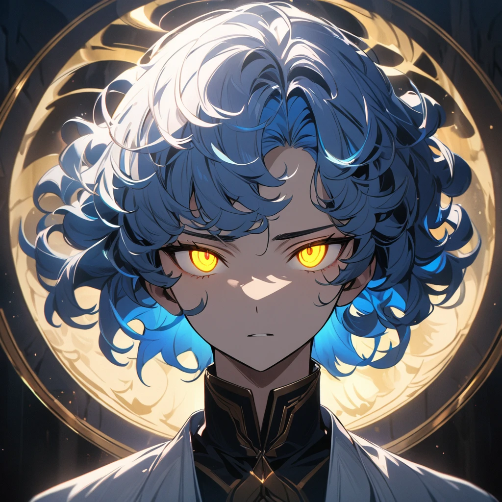 a handsome man with short blue hair, curly hair, yellow eyes, 4k, masterpiece, glowing eyes, short hair, glowing hair, god, round circle light behind him, white light
