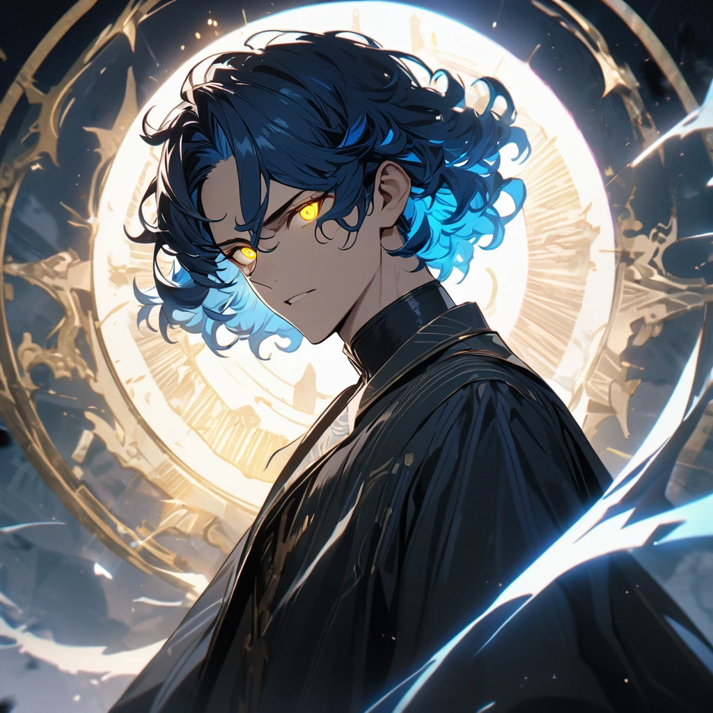 a handsome man with short blue hair, curly hair, yellow eyes, 4k, masterpiece, glowing eyes, short hair, glowing hair, god, round circle light behind him, white light