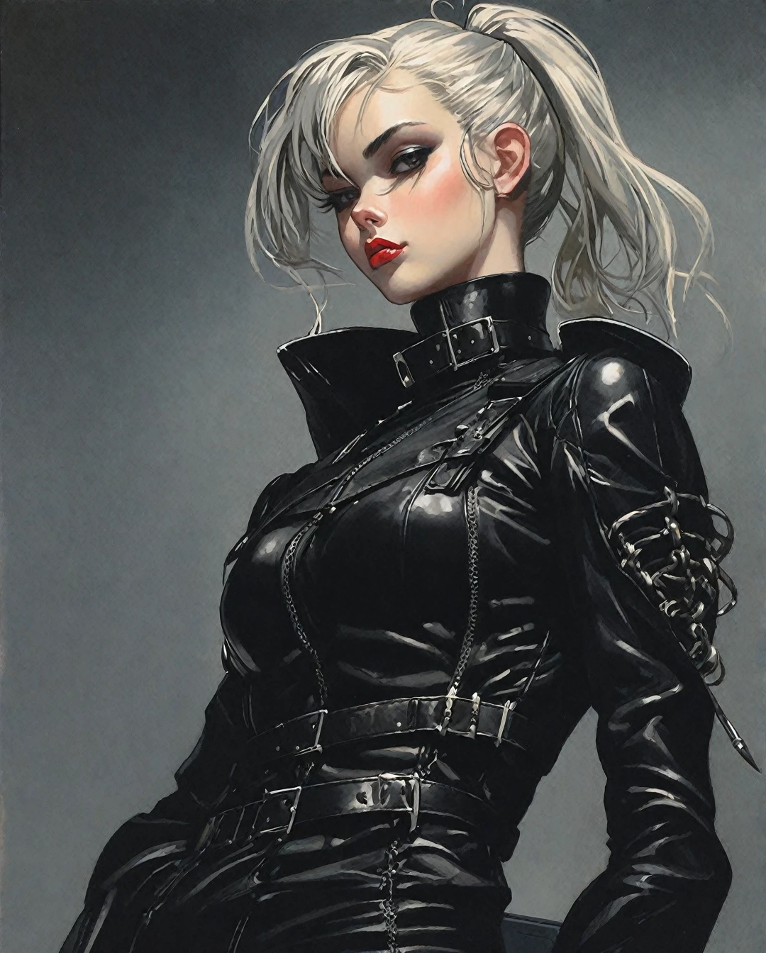 Flat-colored still of a beautiful Nordic Girl, clad in a gothic punk-inspired latex military outfit,The attire should incorporate intricate bondage elements, blending seamlessly into the design. The setting should exude a dark and mysterious ambiance, accentuating the overall edgy and alluring aesthetic. Pay attention to details like clothing texture, lighting nuances, and the surrounding atmosphere to create a captivating visual narrative.",goth person... anime girl from a 80s Anime portrayed by hajime sorayama, looking away from the viewer, solemn expression