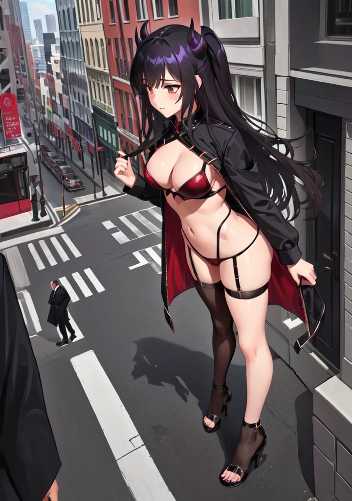 giantess succubus, in heels, walking in tiny city, tiny people, sexy legs, small breasts, sheer stockings, standing, looking down, photo from below, realistic