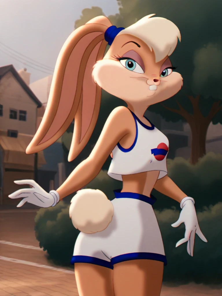 lolabunny, 1girl, solo, furry female, rabbit ears, rabbit girl, animal nose, crop top,white gloves,from behind,looking back, blue eyes, body fur, standing, tail sleeveless,white shorts, buck teeth,cowboy shot,smile,looking at viewer, outdoors, score_9, score_8_up, score_7_up, score_6_up, score_5_up, score_4_up