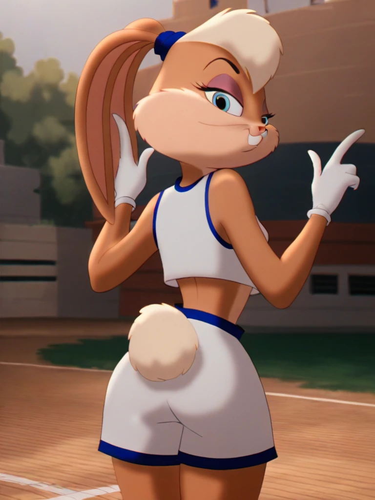 lolabunny, 1girl, solo, furry female, rabbit ears, rabbit girl, animal nose, crop top,white gloves,from behind,looking back,   blue eyes, body fur, standing, tail sleeveless,white shorts, buck teeth,cowboy shot,smile,looking at viewer, outdoors, score_9, score_8_up, score_7_up, score_6_up, score_5_up, score_4_up   