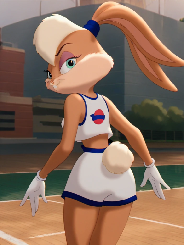 lolabunny, 1girl, solo, furry female, rabbit ears, rabbit girl, animal nose, crop top,white gloves,from behind,looking back,   blue eyes, body fur, standing, tail sleeveless,white shorts, buck teeth,cowboy shot,smile,looking at viewer, outdoors, score_9, score_8_up, score_7_up, score_6_up, score_5_up, score_4_up   