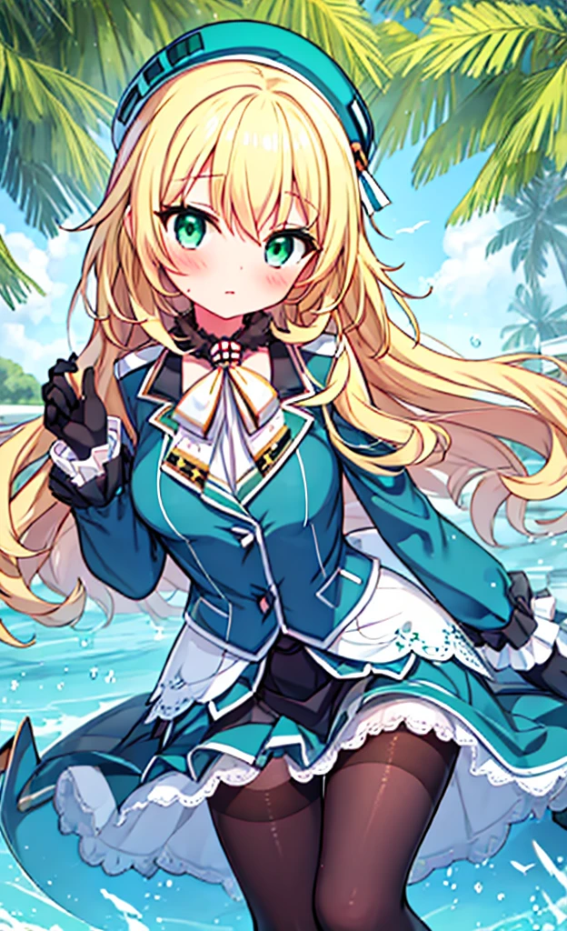 masterpiece,Highest quality,1 Girl,alone,blush with embarrassment,Pokemon-like art style,(Bold:1.6),(flat:1.5), Atago, (Fleet Collection),(Portraiture:1.2),blonde_hair,length_hair,big_chest,Have,beret,green_eye,green_eye,black_gloves,black INNER SKIRT,uniform,pantyhose, slit_blue long skirt,sexy