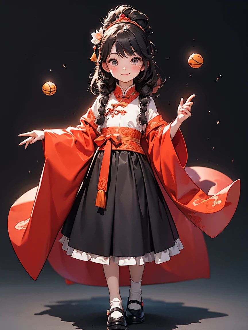 5 years old，，Costume girl，Chinese Tang Dynasty Girl，Long skirt skirt，Standing，Embroidered shoes，Ball head hairstyle，whole body，Smile，Hands hanging down，Blank Background