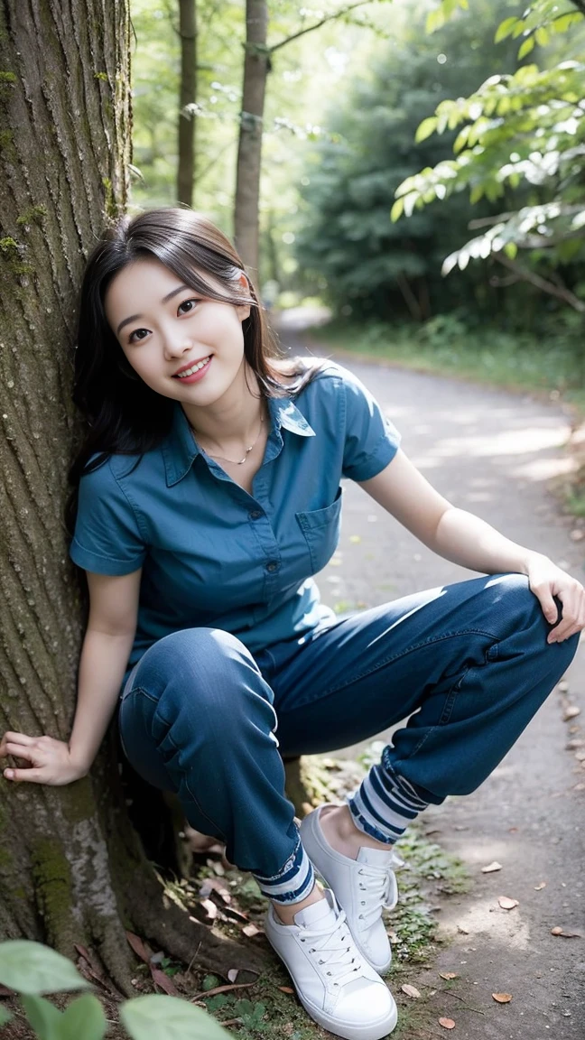 masterpiece, best quality, Surreal, Ultra Detailed, 8k resolution, RAW photos, Clear focus, (A girl in the forest), ((navy blue shirt:1.1)), Short sleeve, Long sweatpants,Full body posture, Solitary, Perfect body, Become a, 32 inches in the chest,(a charming smile:1), (sexy pose),26 years old, light,White shoes