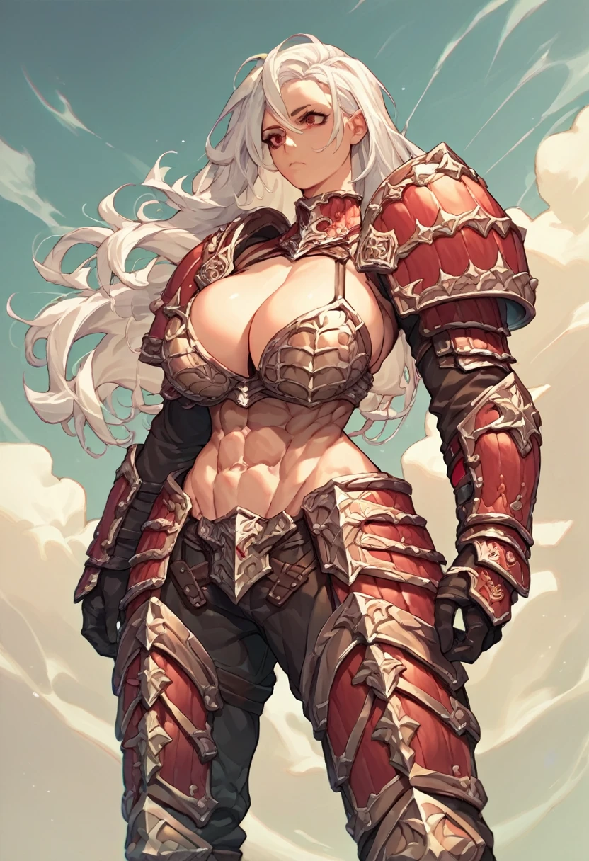 score_9, score_8_up, score_7_up, score_6_up, score_5_up, score_4_up, source_anime, 1girl, white hair, long hair, red eyes, (ornate armor), (bikini:0.5) armor, cleavage, abs, curvy, huge breasts, (wide hips:0.9), (toned:0.2)