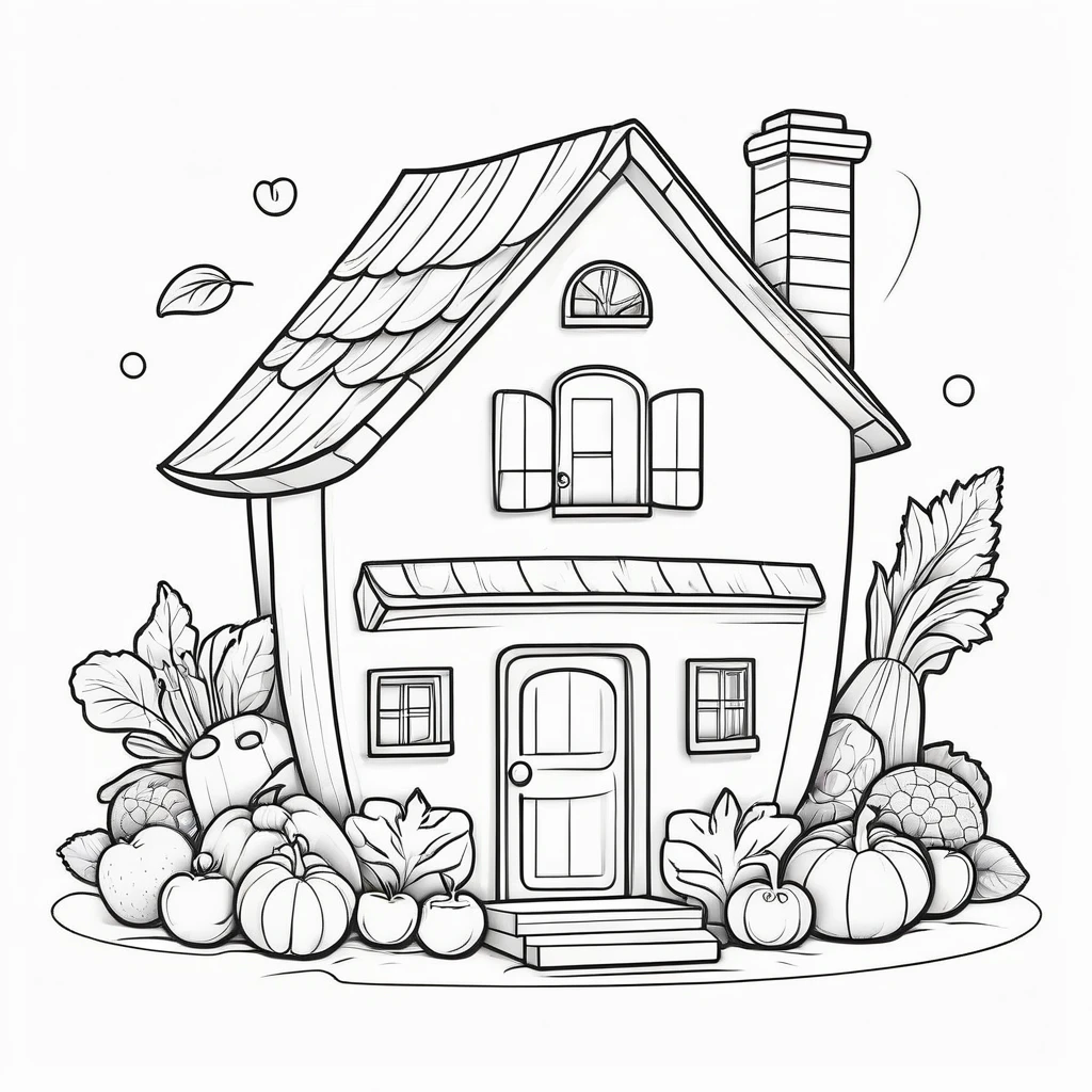 Cute house made from fruit and vegetables, coloring page for , happy, smiling, vector art, minimalistic, vector 2d, black lines white background, coloring page for beginners, vector illustration, pencil strokes, no color, drawing for coloring, white background, pixar style, black and white