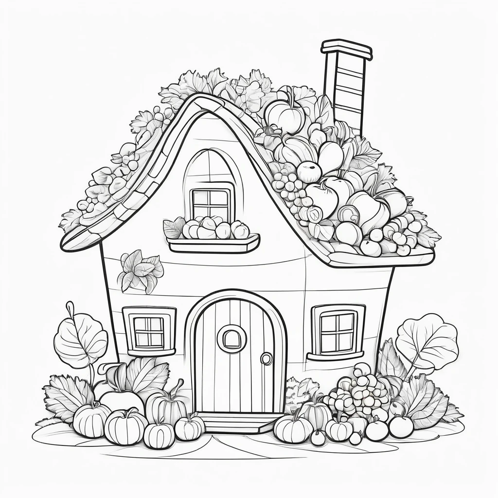 Cute house made from fruit and vegetables, coloring page for kids, happy, smiling, vector art, minimalistic, vector 2d, black lines white background, coloring page for beginners, vector illustration, pencil strokes, no color, drawing for coloring, white background, pixar style, black and white