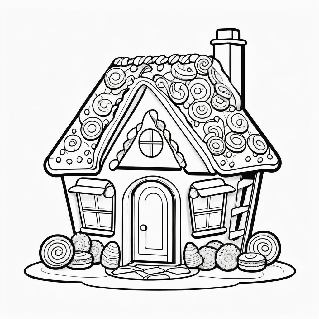 Cute house made from candies and cookies, coloring page for , happy, smiling, vector art, minimalistic, vector 2d, black lines white background, coloring page for beginners, vector illustration, pencil strokes, no color, drawing for coloring, white background, pixar style, black and white