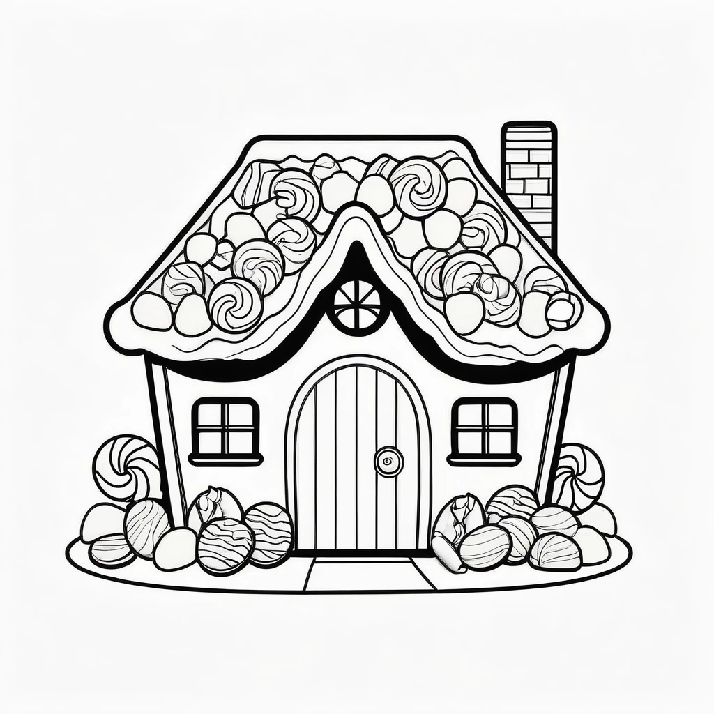 Cute house made from candies and cookies, coloring page for kids, happy, smiling, vector art, minimalistic, vector 2d, black lines white background, coloring page for beginners, vector illustration, pencil strokes, no color, drawing for coloring, white background, pixar style, black and white