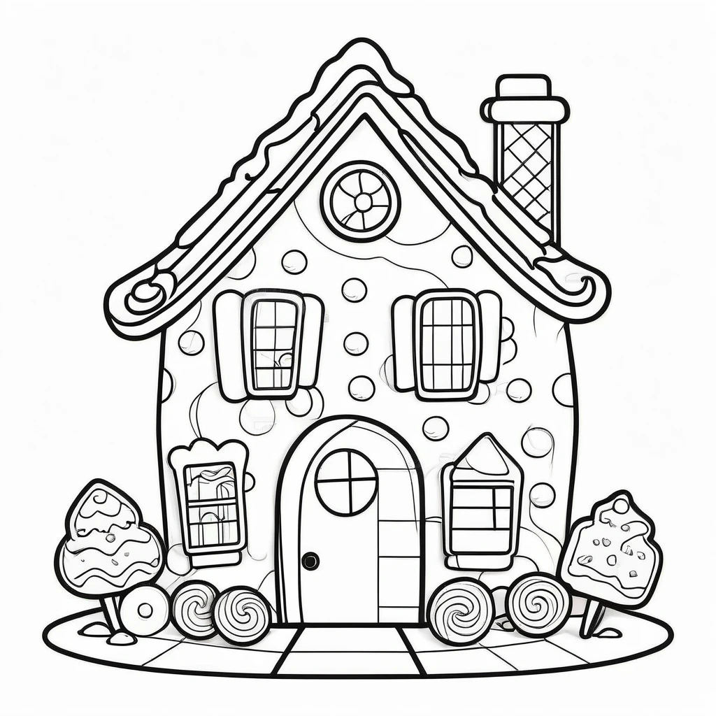 Cute house made from candies and cookies, coloring page for kids, happy, smiling, vector art, minimalistic, vector 2d, black lines white background, coloring page for beginners, vector illustration, pencil strokes, no color, drawing for coloring, white background, pixar style, black and white