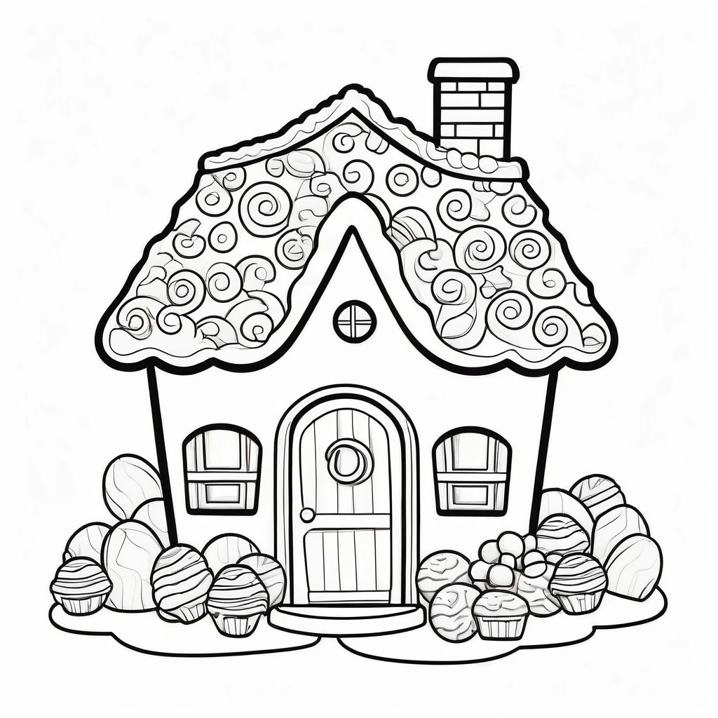 Cute house made from candies and cookies, coloring page for kids, happy, smiling, vector art, minimalistic, vector 2d, black lines white background, coloring page for beginners, vector illustration, pencil strokes, no color, drawing for coloring, white background, pixar style, black and white