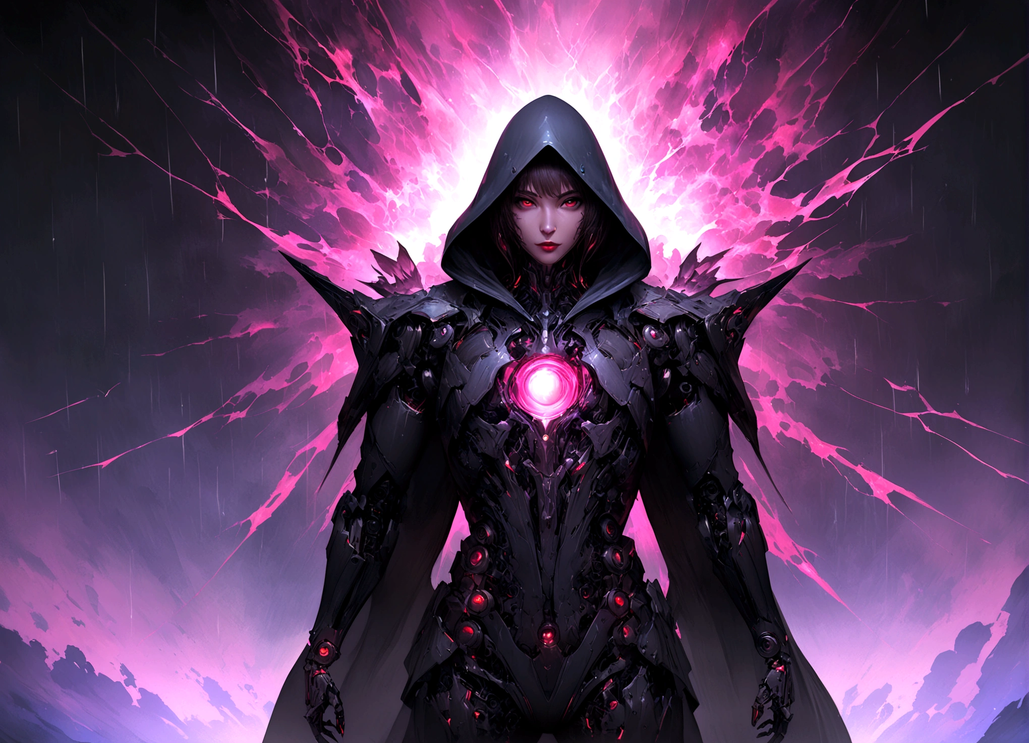 masterpiece, cyborg, The body is glamorous、, Wearing a hood, Shrouded in shadow, , Positano colours, Completely in frame, whole body, Emits electrical energy, whole body, Beautiful anime waifu style man, Ultra-detailed CG paintings, Luminism, Art by Kahn Griffith and Vadim Kashin Concept Art, 8K resolution, Fractal isometric details Bioluminescence , complicatedly detailed , Cinematic, trending on art station Isometric Centered hyper Realistic cover photo awesome full color,  Grainy, Realistic, complicated, Hit definition , Cinematic, Bold, Vibrant, amazing, Super high quality model、Being pelted by rain in the dark、Controlling Lightning、Red eyes