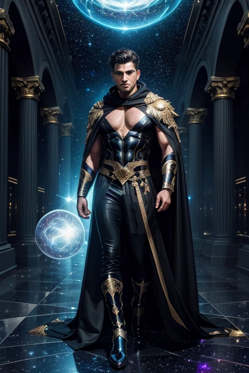 Man exuding an ultra-attractive allure, merged Roman and Greek god attire, jet-black exterior cape lining, billowing with a galaxy-themed interior depicting stars and nebulae, garbed in black latex-fabric, muscular chest exposed beneath the celestial cloak, featuring cosmic embroidery with gold accents, upturned nose catching motivated light, framed by a fantastic, sci-fi environment of multiverse bubbles, cosmic web, spiraling galaxy vortex through a hallway of columns and crystal spires, under a