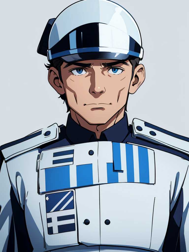 He is a police officer of about 40 years old, depicted against a white background, wearing a British police uniform and a helmet.