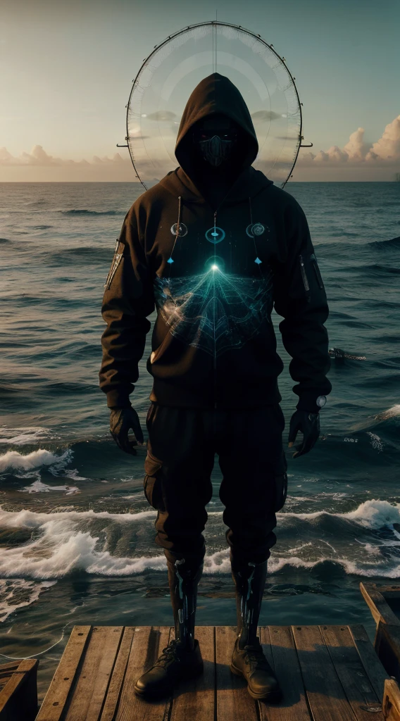 Standing in the ocean, cough, There is a small fishing boat nearby, A grand spectacle, Depressing atmosphere, Surrealism, Chiaroscuro, light, Wide-angle lens, masterpiece, precise, Anatomically correct, Super Detail, High Detail, best quality