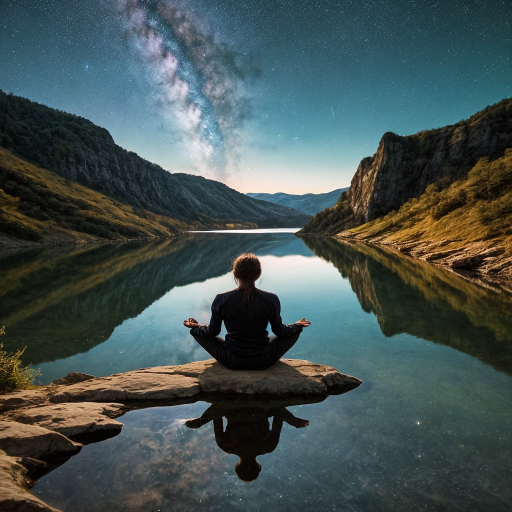A  figure sitting cross-legged on the edge of a cliff，Overlooking the sparkling lake. The reflection of the starry sky dances on the water, Reflecting their introspective gaze.