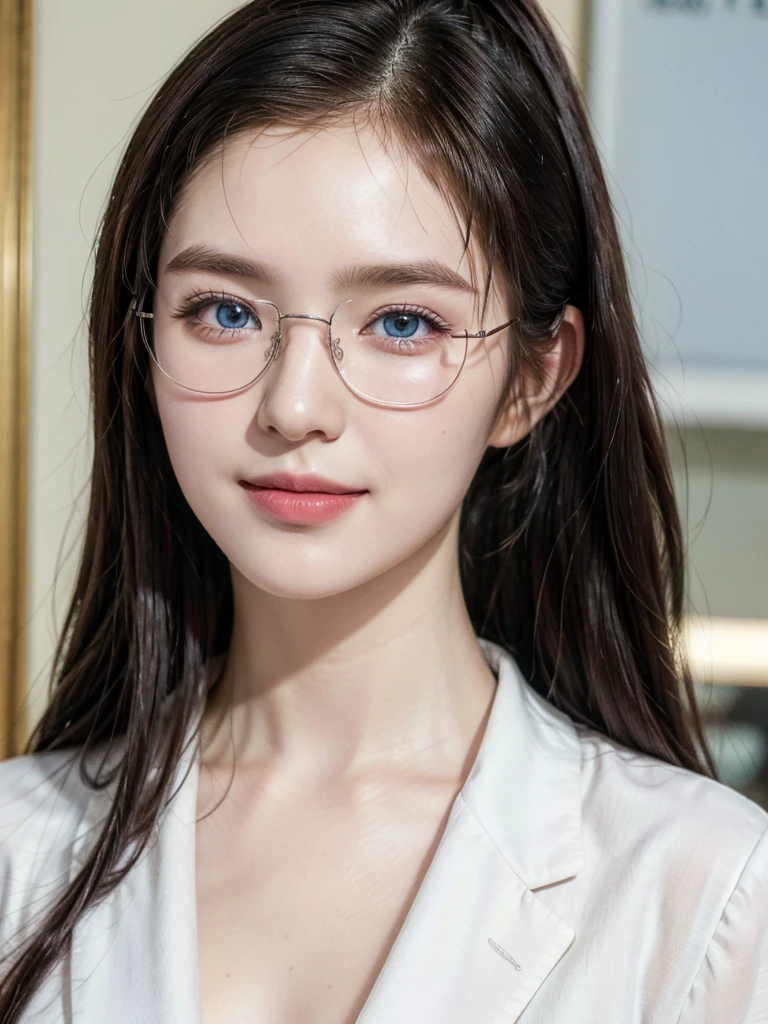 ((Best quality, masterpiece, detailed)), (RAW, 4k, hd images), shy, 1 girl, 20 years old, white skin, long hair, ponytail, layers hair, bangs, black hair, beautiful girl, cute girl, sweet girl, pretty girl, perfect girl, perfect eyes, pretty eyes, blue eyes, thin lips, thin, (eye line, lip stick soft) perfect , glasses(detailed frame), indoors, smile, formal clothes, close up
