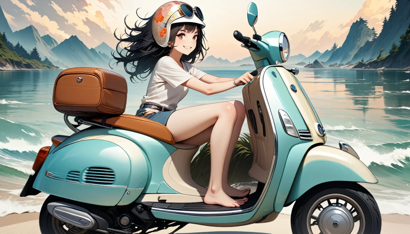 ((8k of extremely detailed CG unit, Masterpiece, high resolution, highest quality, highest quality real texture skin)), (((Driving a Vespa with a smile))), ((1 girl)), ((Japanese patterned helmet,sunglasses)), (Japanese pattern Tシャツ, denim), (Black hair, messy hair, beige skin), (surreal, digital painting)
