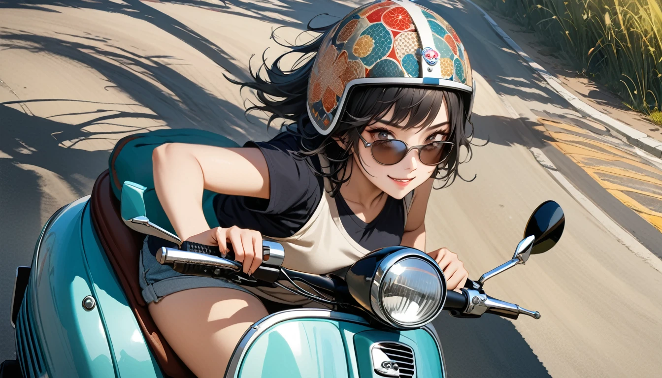 ((8k of extremely detailed CG unit, Masterpiece, high resolution, highest quality, highest quality real texture skin)), (((Driving a Vespa with a smile))), ((1 girl)), ((Japanese patterned helmet,sunglasses)), (Japanese pattern Tシャツ, denim), (Black hair, messy hair, beige skin), (surreal, digital painting)