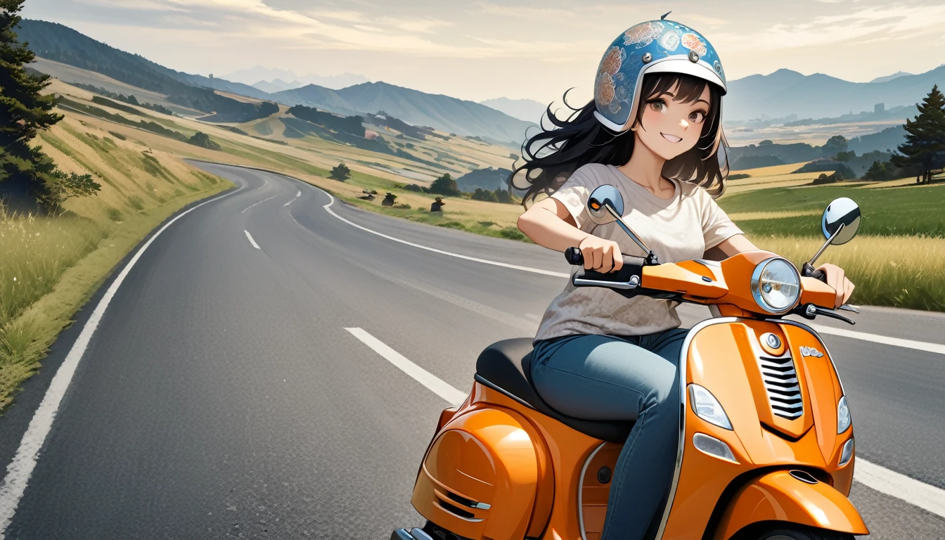 ((8k of extremely detailed CG unit, Masterpiece, high resolution, highest quality, highest quality real texture skin)), (((Driving a Vespa with a smile))), ((1 girl)), ((Japanese patterned helmet,sunglasses)), (Japanese pattern Tシャツ, denim), (Black hair, messy hair, beige skin), (surreal, digital painting)