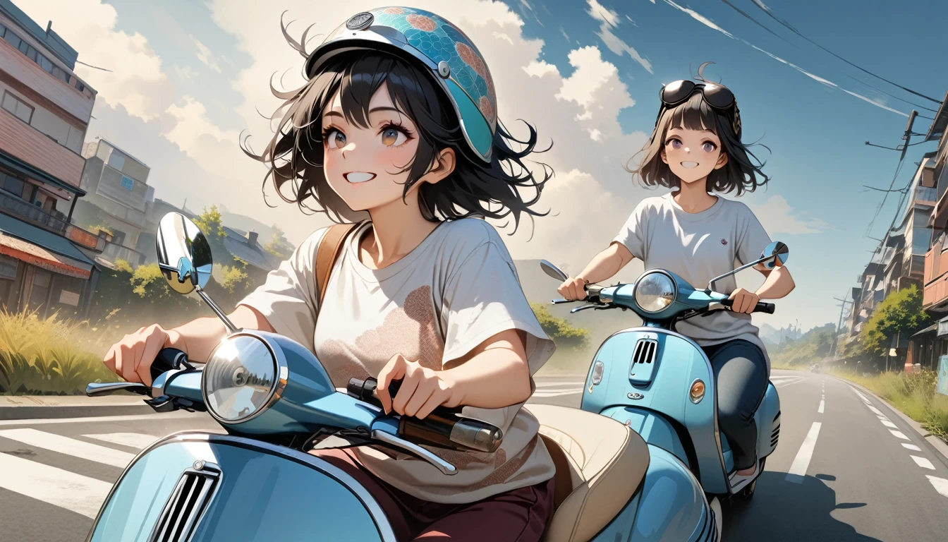 ((8k of extremely detailed CG unit, Masterpiece, high resolution, highest quality, highest quality real texture skin)), (((Driving a Vespa with a smile))), ((1 girl)), ((Japanese patterned helmet,sunglasses)), (Japanese pattern Tシャツ, denim), (Black hair, messy hair, beige skin), (surreal, digital painting)
