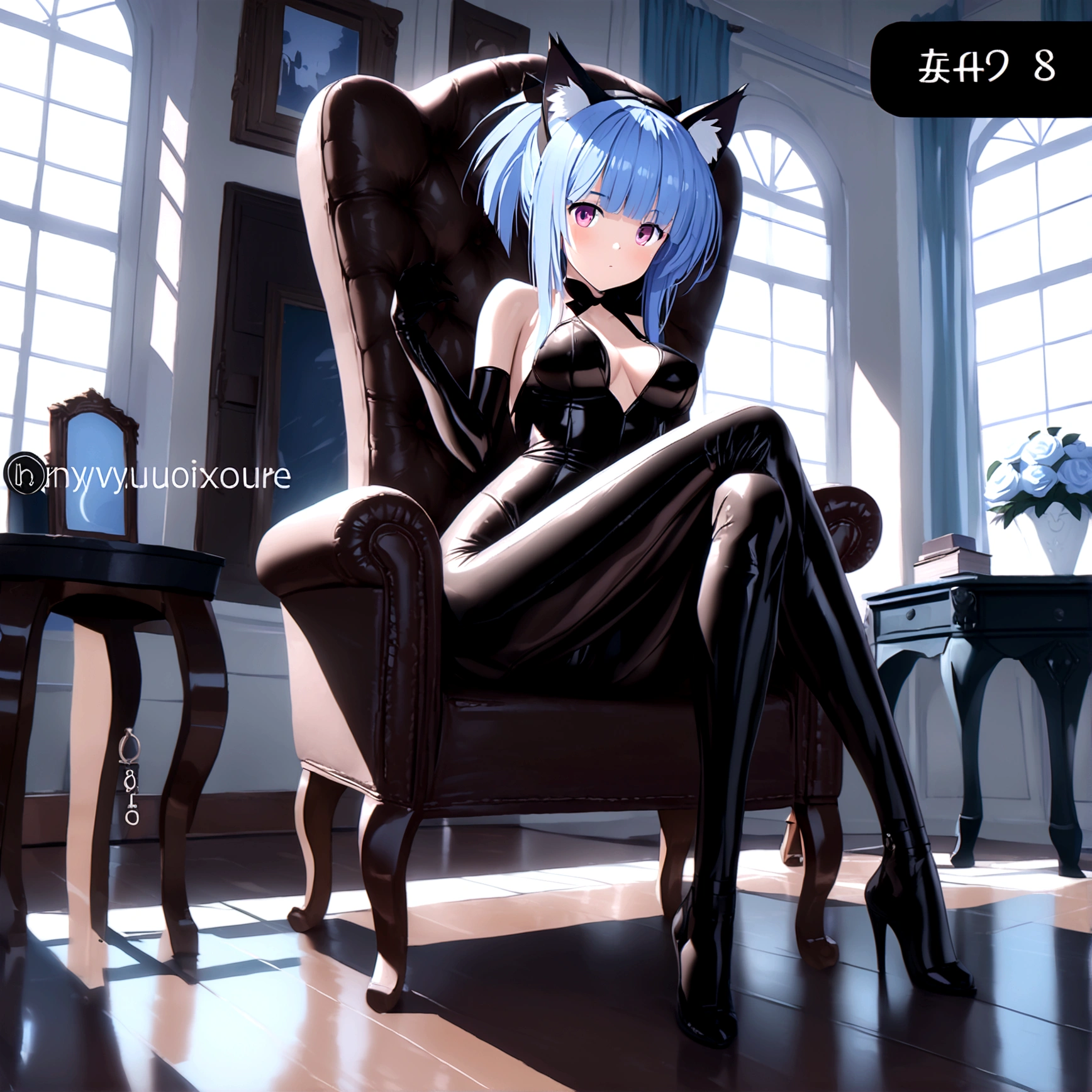 Inside a museum of modern art. A beautiful girl with super long blue hair is watching while holding a black kitten. Top quality, masterpiece, ultra-high definition, in anime style. --auto --s2