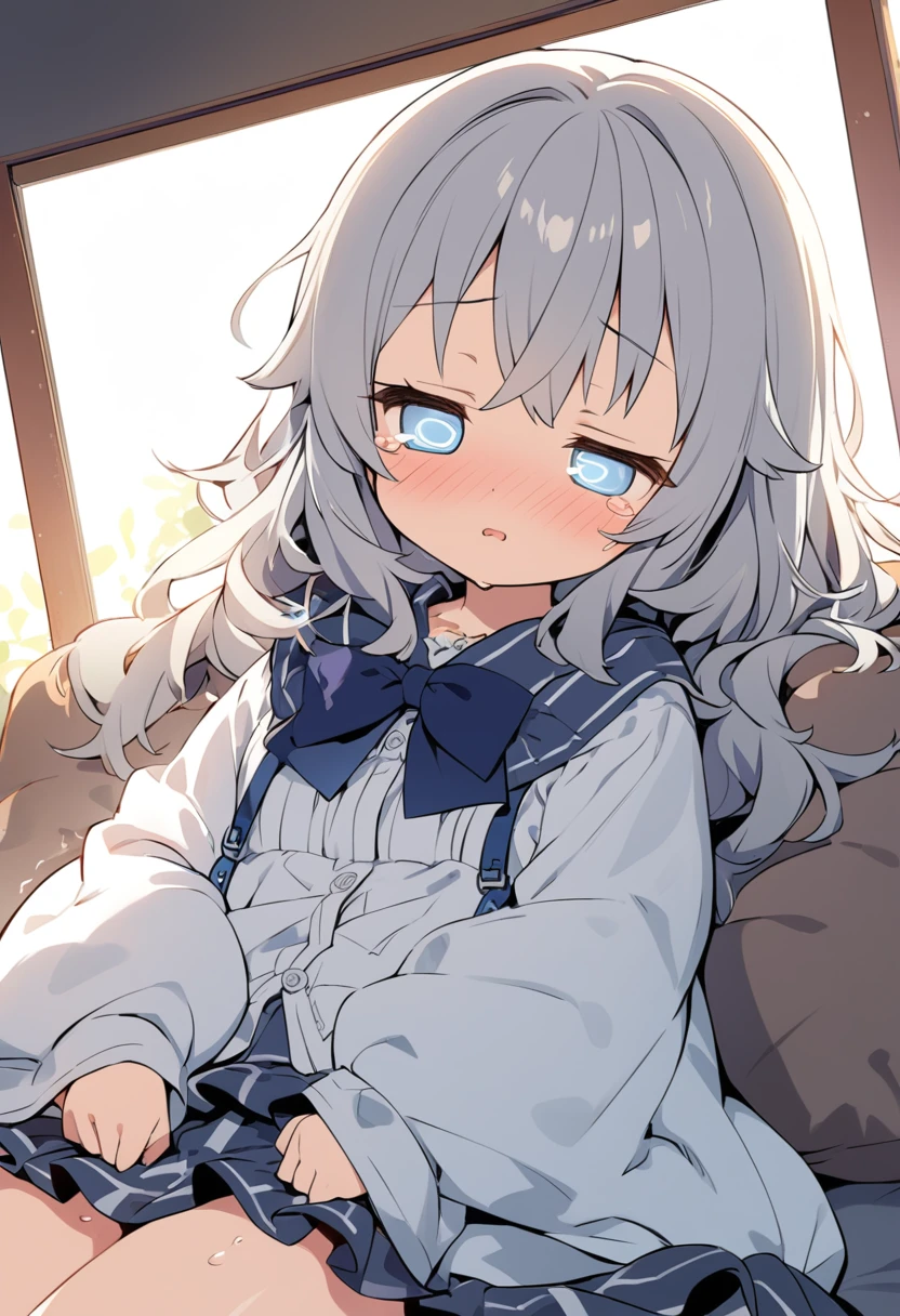 A girl sleeping by the window、Round and cute anime face、Clear and transparent eyes、Immature body、Disheveled clothing、Moist eyes、