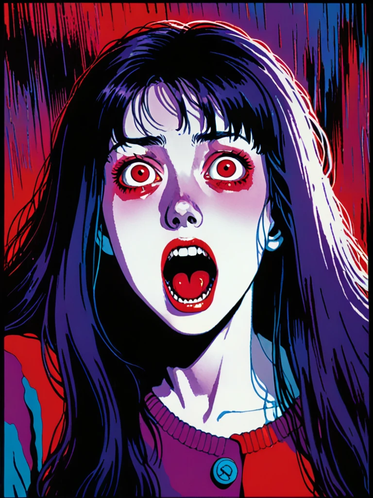 illust、art、from 80s horror movie, directed by Junji Ito、darkness、Screaming Woman、Overaction、Overreaction、Acting frightened、high detail, realsitic shadow、Analog style, vhs style, 8mm film, chromatic aberration, Dvd screengrab、Blue-purple and red-purple gradation