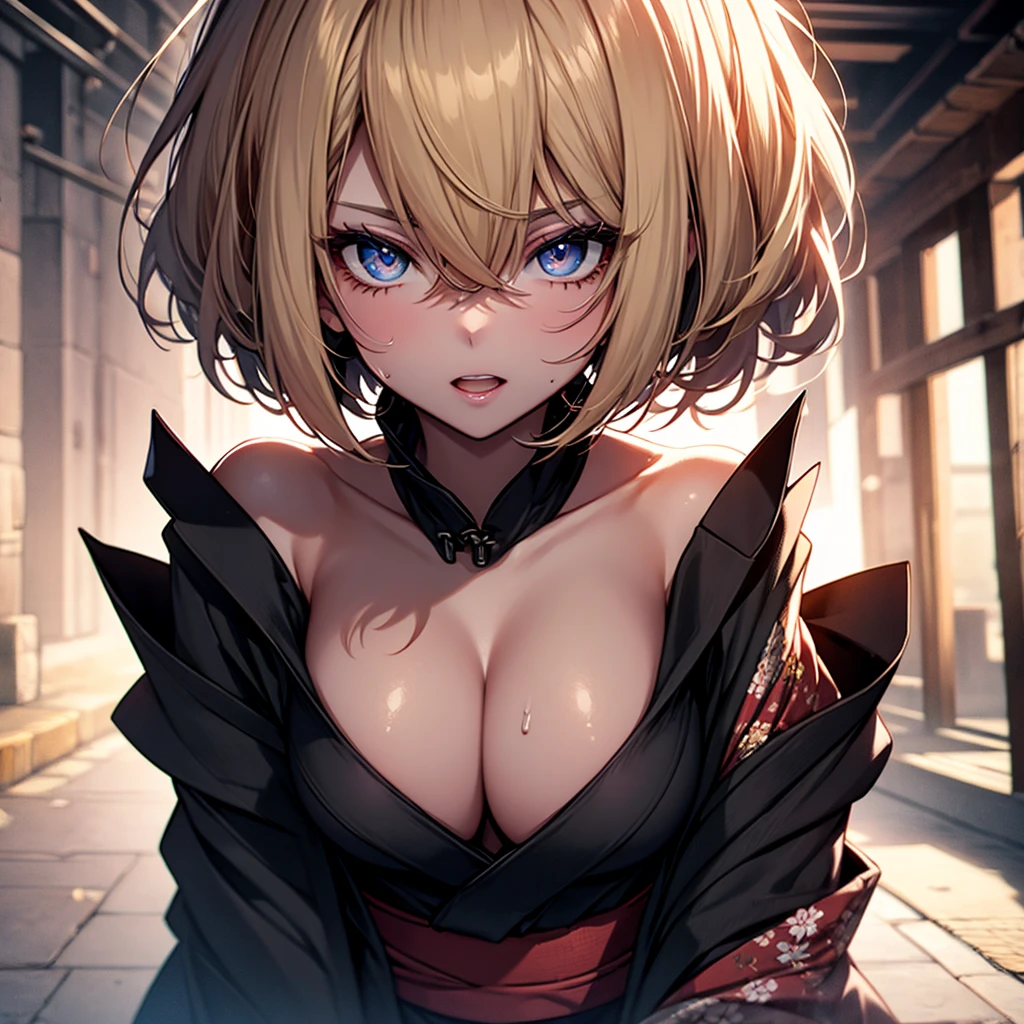 (1girl:1.3), Masterpiece, Best quality, amazing beauty, [[3D]], 4K, absurdres, finely detail, super detailed eye, perfect anatomy, official art, cinematic lighting, BREAK, Japanese-style room, silky bob cut, forehead, ahoge, blonde, super shiny detailed black eye, big eyes, tareme, sparkle(in the eyes), thin eyebrow, looking away, open-mouth, plump lips, Mascara, False eyelashes, pink lips, eyewear, Chuckling, BREAK , big breasts, tall, slender, pale skin, sweaty skin, , BREAK , leaning forward, (bare shoulders:1.2), (Cleavage is visible:1.2), BREAK,(kimono:1.3)