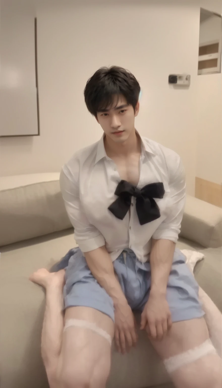 arafed asian man in a white shirt and blue shorts sitting on a couch, south korean male, open v  clothes, korean muscle boy 2 1 years old, cai xukun, handsome male, extremely handsome, male ulzzang, yanjun chengt, fluffy , attractive pose, cute young man, sakimichan, jinyoung shin,photo,realistic