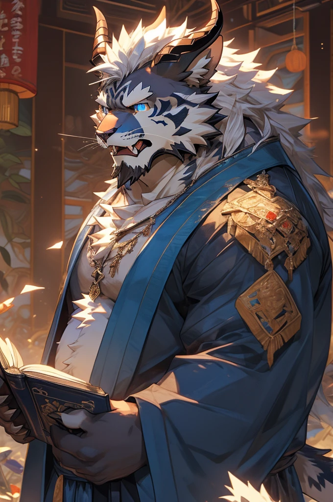 head、Animal cat face、A pair of dragon horns，Fluffy white hair all over the body、Heavy breathing、Gnashing of teeth,Serious expression,Fluffy belly、wildcat、blue eyes，(contour）The whole body is covered with long white hair、Hairy body、Fangs、CG，Imperial Palace Study，Holding a book，Sharp claws、Capture the composition of the whole body、Blue robe，（Messy 1.4），