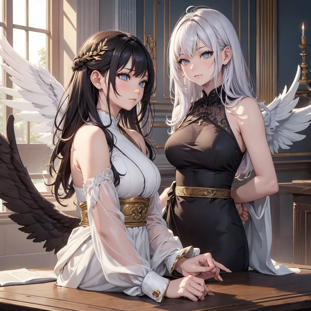 ((On the table, best quality)), Delicate face, Character Design Sheet,whole body, Perfect proportion,Rich in details, Multiple poses and expressions, Very detailed, Martial Arts Girl,1Girl with black wings,Gradient hair color,Golden,Delicate eyes, see through,1 Angel Wings Girl,cloud,High balance, Halo,Natural light,Starlight decoration,Background greek temple