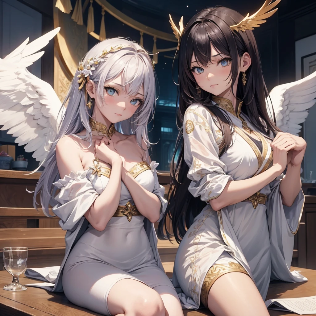 ((On the table, best quality)), Delicate face, Character Design Sheet，whole body, Perfect proportion，Rich in details, Multiple poses and expressions, Very detailed, Martial Arts Girl，1Girl with black wings，Gradient hair color，Golden，Delicate eyes, ，1 Angel Wings Girl，cloud，High balance, Halo，Natural light，Starlight decoration，Background greek temple