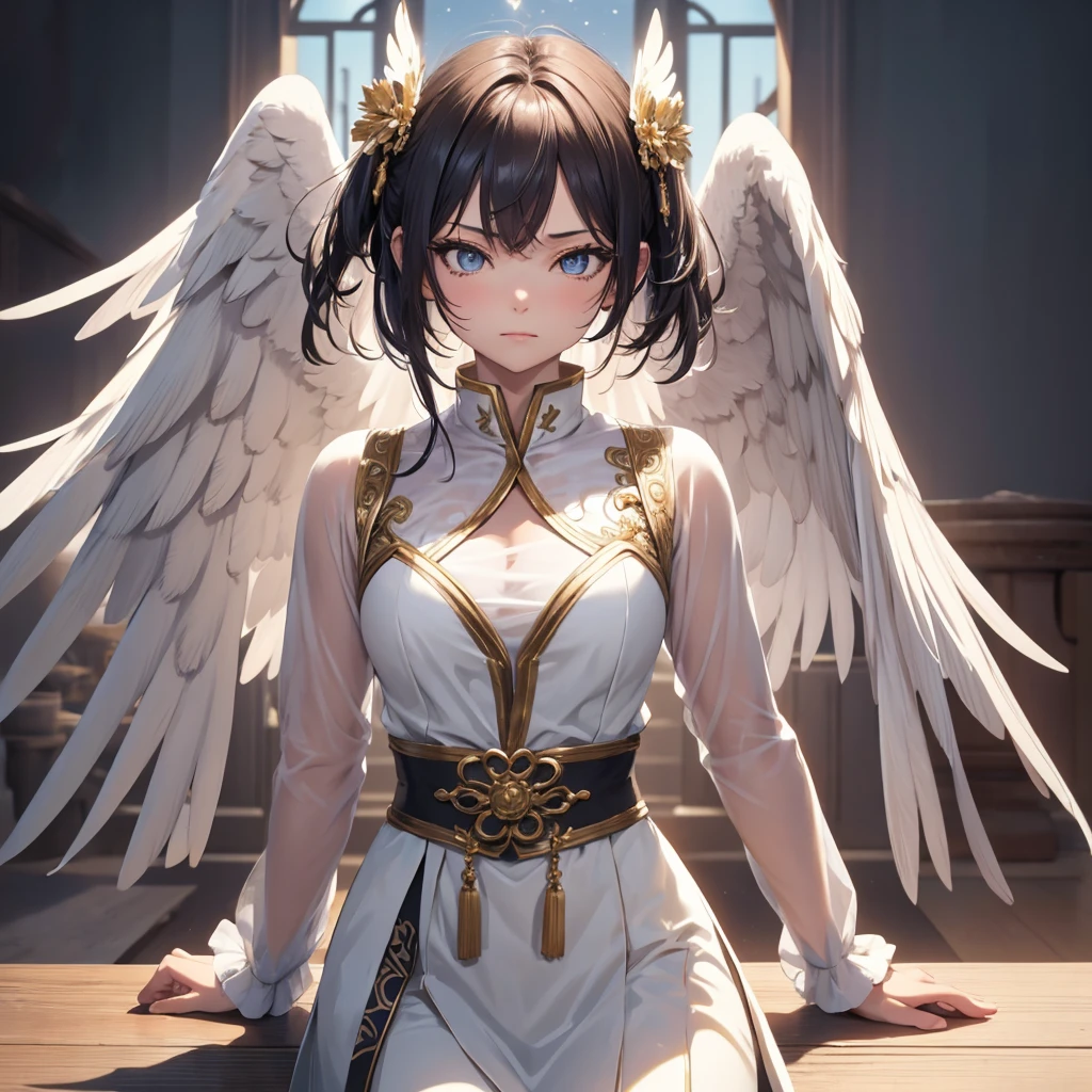 ((On the table, best quality)), Delicate face, Character Design Sheet，whole body, Perfect proportion，Rich in details, Multiple poses and expressions, Very detailed, Martial Arts Girl，1Girl with black wings，Gradient hair color，Golden，Delicate eyes, see through，1 Angel Wings Girl，cloud，High balance, Halo，Natural light，Starlight decoration，Background greek temple