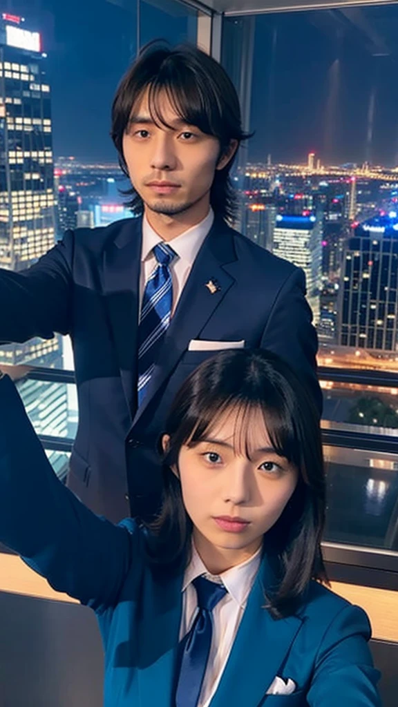 Kikuchi Hina takes a selfie with a man with long bangs and wolf hair., Night view from skyscrapers, Blue suit and tie
