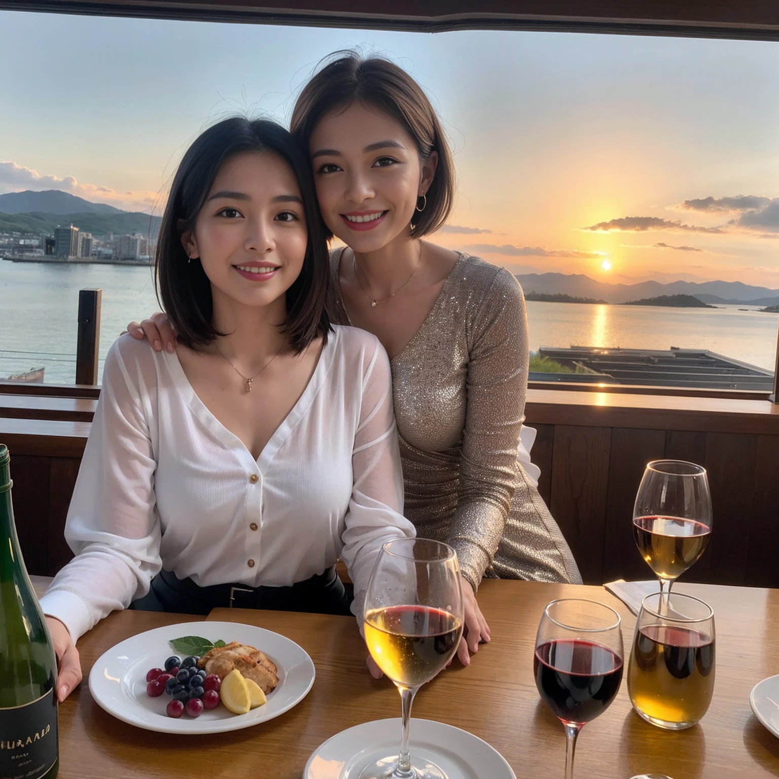 ((Highest quality、8K、masterpiece:1.3))、 (Ultra-realistic、 Genuine、Bright image、Intricate details:1.2), 最高のsmile、1 male、1 female、Beautiful couple、love love love、Lover in Hokkaido、Good friends、actress couple、smile、Full-course dinner at a packed table、 (Slim face), (the body is slim), (Brown Hair), (short hair), テーブルのwine glass、Please shine a light on my face、 Amazing view of the sunset sky and clouds、 39 years old, red wine 、Wine bottle、sparkling wine、Long sleeve shirt、dress、White wine, red wine, wine glass,