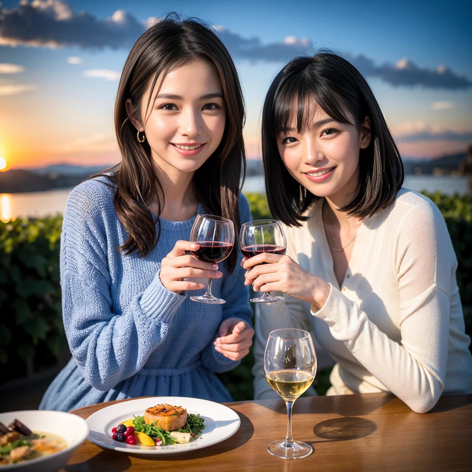((Highest quality、8K、masterpiece:1.3))、 (Ultra-realistic、 Genuine、Bright image、Intricate details:1.2), 最高のsmile、1 male、1 female、Beautiful couple、love love love、Lover in Hokkaido、Good friends、actress couple、smile、Full-course dinner at a packed table、 (Slim face), (the body is slim), (Brown Hair), (short hair), テーブルのwine glass、Please shine a light on my face、 Amazing view of the sunset sky and clouds、 39 years old, red wine 、Wine bottle、sparkling wine、Long sleeve shirt、dress、White wine, red wine, wine glass,