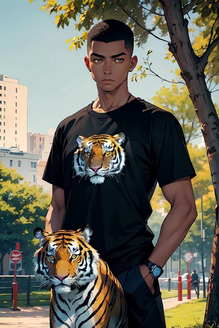 man1,(black skin),round face,brown eyes,black hair,high skin fade haircut for short hair,yellow t-shirt,(a tiger as a pet,Stands with tiger,in the park),retina,masterpiece,ccurate,anatomical correct, textured skin,super detail,high quality,high details,best quality,highres,UHD,1080P