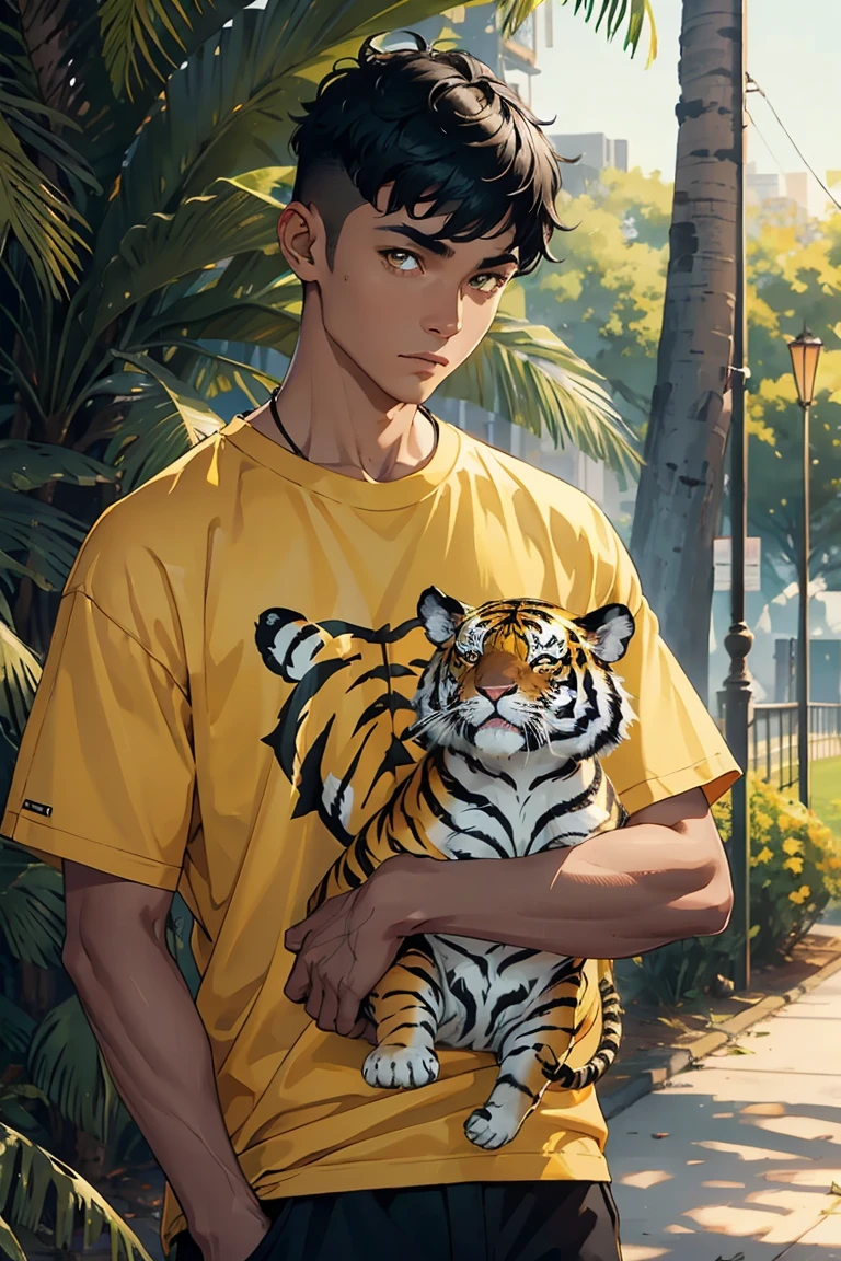 man1,(black skin),round face,brown eyes,black hair,high skin fade haircut for short hair,yellow t-shirt,(a tiger as a pet,Stands with tiger,in the park),retina,masterpiece,ccurate,anatomical correct, textured skin,super detail,high quality,high details,best quality,highres,UHD,1080P