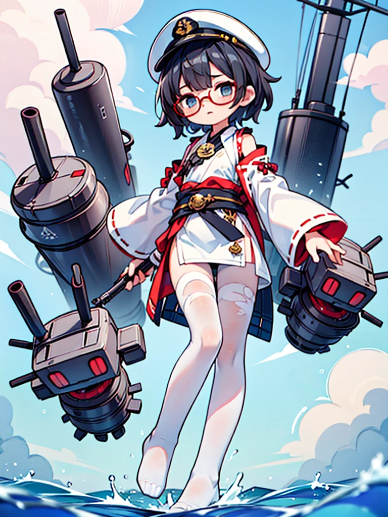 ((((Full body of a woman with perfect flat chest、Short unkempt black hair、white military jacket、Miko costume、tights、Black glasses、White military cap、Cloudy eyes、Sleepy expression)))), (((masterpiece))), (((Shipgirl))), ((Floating on the morning sea with both feet)), (Spread your legs wide open), (Hold the turret with your right hand), (Mechanical arms extending from the waist are used to equip the ship with battleship equipment.), (Equipped with a turret on the back), (Holds the turret with his left arm), Shotgun shells are attached to the thigh with a belt, Spreading the Machine's Wings, Machine tail, shotgun,