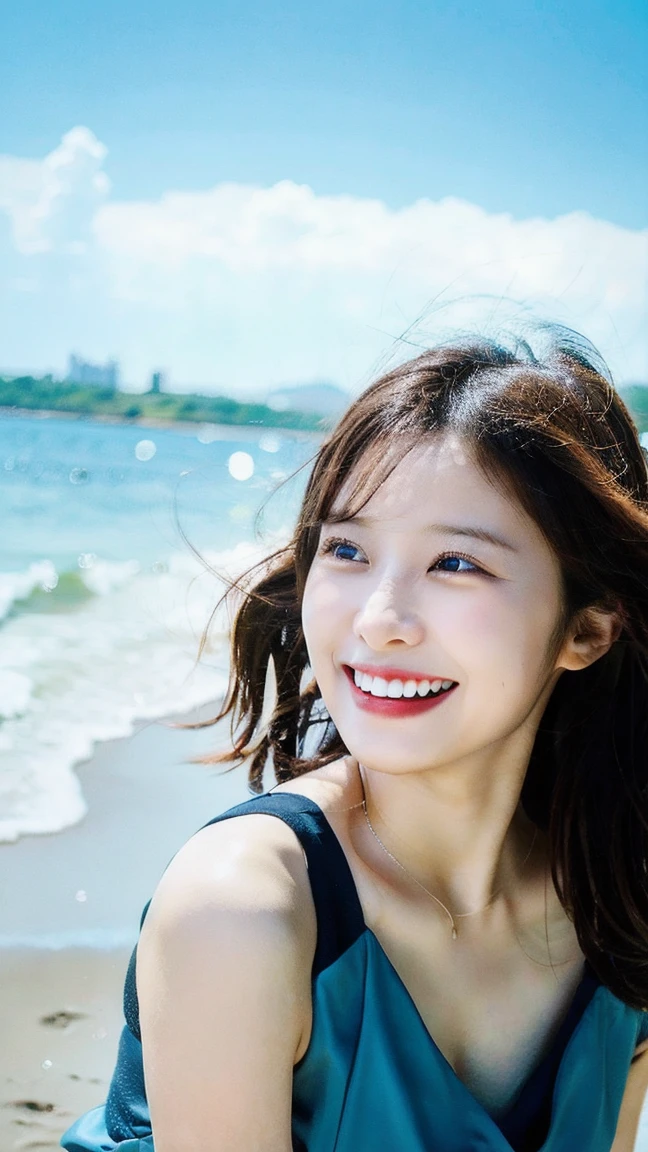 Cinematic Photo of a beautiful girl laughing at a beach