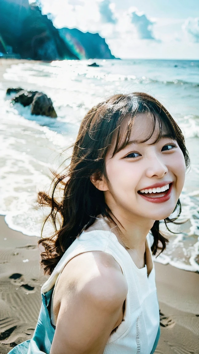 Cinematic Photo of a beautiful girl laughing at a beach