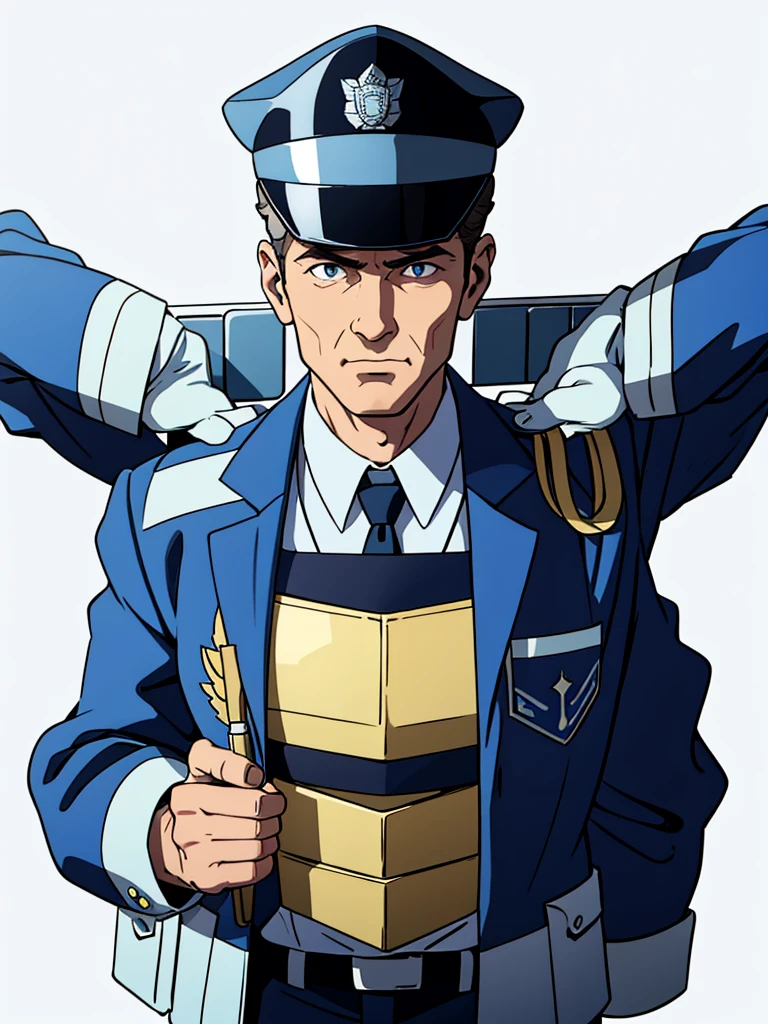 He is a police officer of about 40 years old, depicted against a white background, wearing a British police uniform and a helmet.