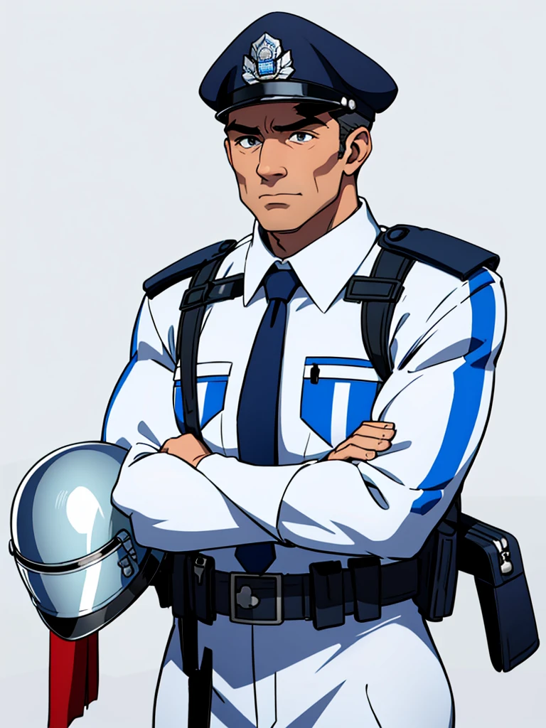 He is a police officer of about 40 years old, depicted against a white background, wearing a British police uniform and a helmet.