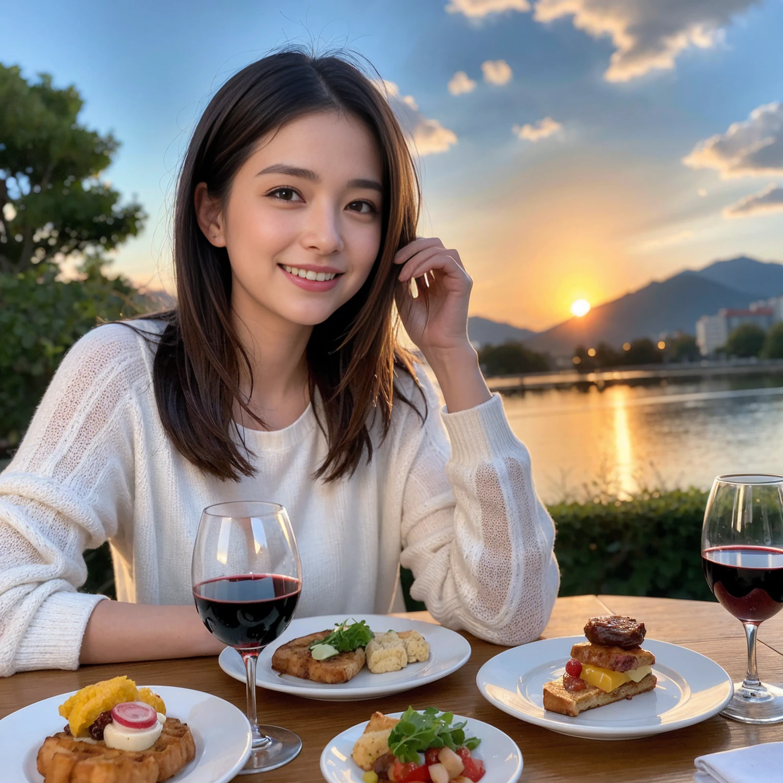 ((Highest quality、8K、masterpiece:1.3))、 (Ultra-realistic、 Genuine、Bright image、Intricate details:1.2), 最高のsmile、1 male、1 female、Beautiful couple、love love love、A lover who resembles Miki Nakatani、Good friends、actress couple、smile、Full-course dinner at a packed table、 (Slim face), (the body is slim), (Brown Hair), (short hair), テーブルのwine glass、Please shine a light on my face、 Amazing view of the sunset sky and clouds、36 years old 39 years old, red wine 、Appetizers、Wine bottle、sparkling wine、Long sleeve shirt、dress、White wine, red wine, wine glass, 