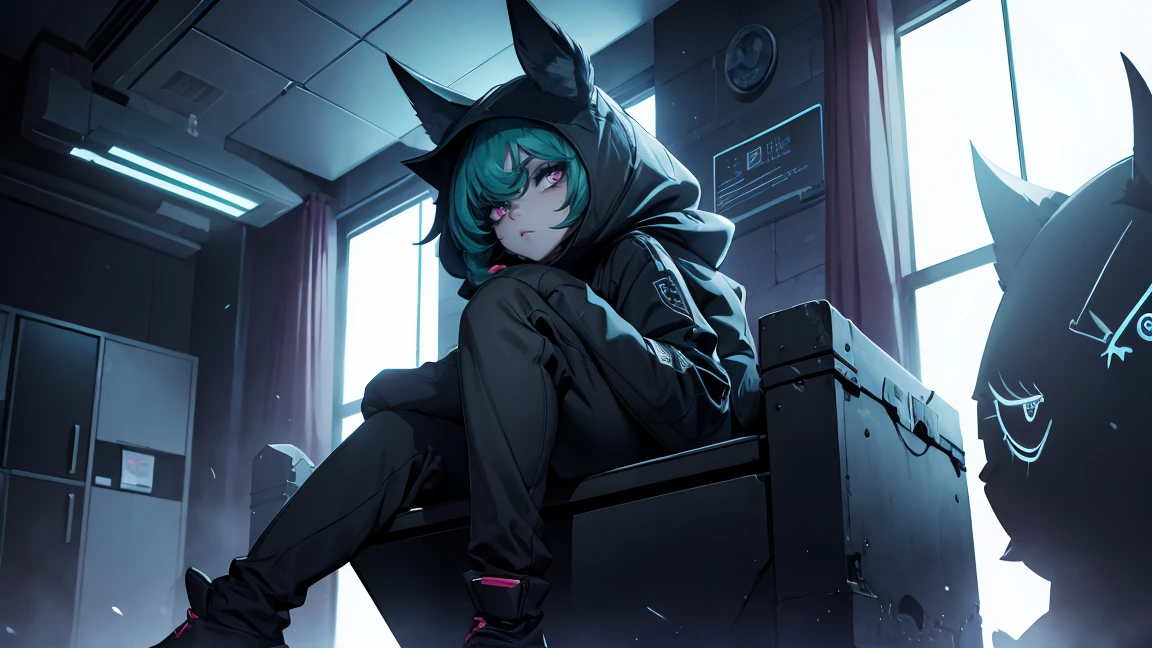 girl, large black sweatshirt, sitting posture, calm look, Sitting in front, legs open, a dark room, evil eyes, glowing skin, Looking ahead, facial expression