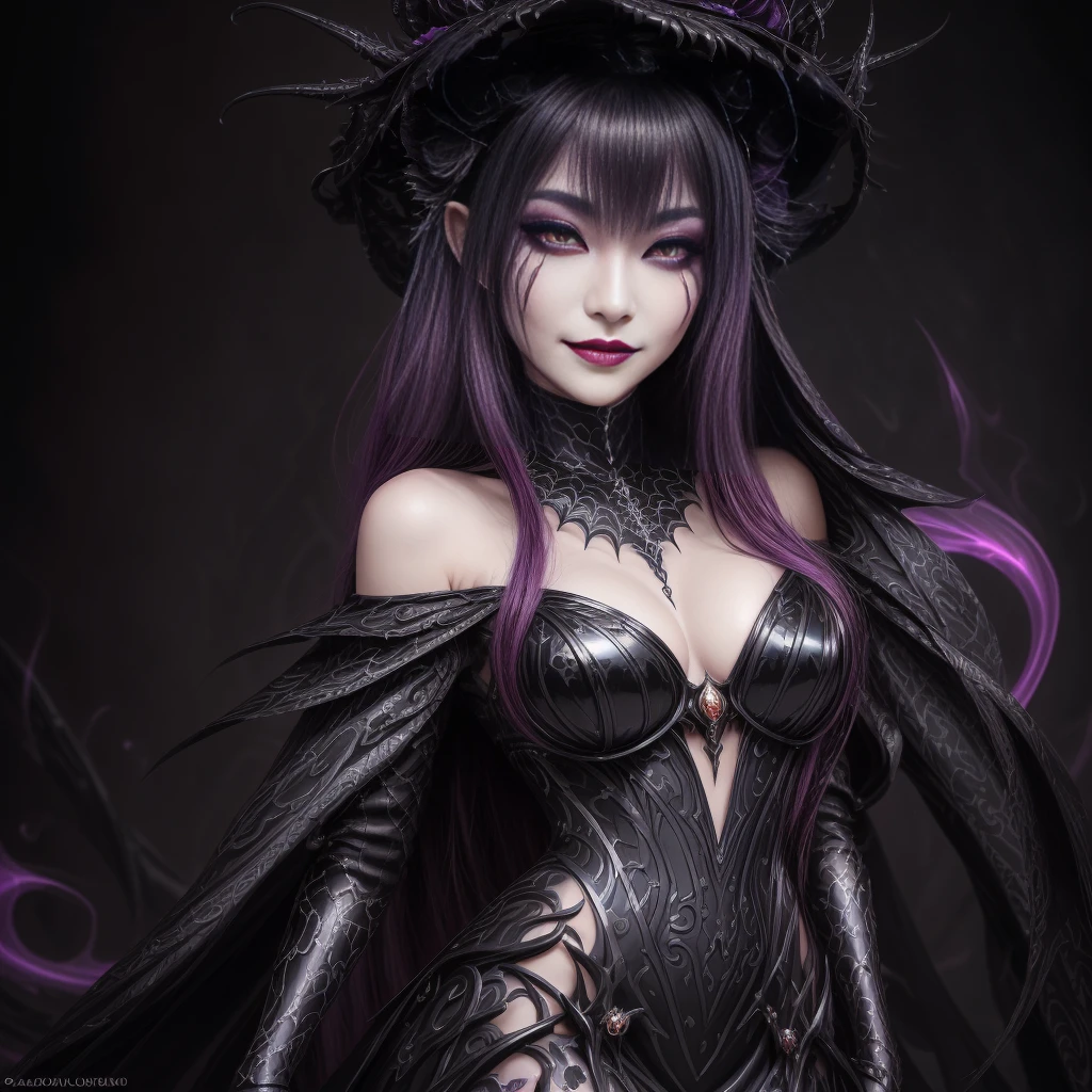 Esoteric arachnids lady, Spider Queen Elise, League of Legends, Esoteric arachnids, Combat Stance, ( The body is made of metallic mauve and metallic black liquid metallic paint.、It beautifully depicts the female form.。), Long, sharp fangs, nature, ((Complex metallic colors in the foreground)), (( Fluid Mechanics, The most beautiful smooth scale face makeup, Smirking expression)) - Dark blood, Onyxia、Noir painting of a beautiful young witch, Long purple hair, dark purple lips, evil, evil female, smile, Black Prom Dress, She is coming to you, close, Bright Blue Eyes, Surrounded by swirling pink smoke, Genuine, High detail, Highest quality