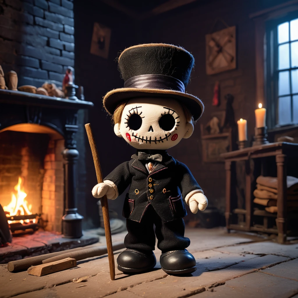 (knitted toy voodoo doll:1.2), (Voodoo Ghost Chimney Sweep:1.3), (clothes Black clothes, pipe brush, top hat:1.0), (in the background Abandoned house, dusty fireplaces, dark corridors:1.3), best quality, masterpiece, detailed soft oil painting, detailed background, dramatic cinematic lighting, soft edge lighting, professional, dramatic lighting, hard edge lighting, ultra quality, 4k, masterpiece, best quality, 8k, ultra high definition, high resolution, extremely detailed
